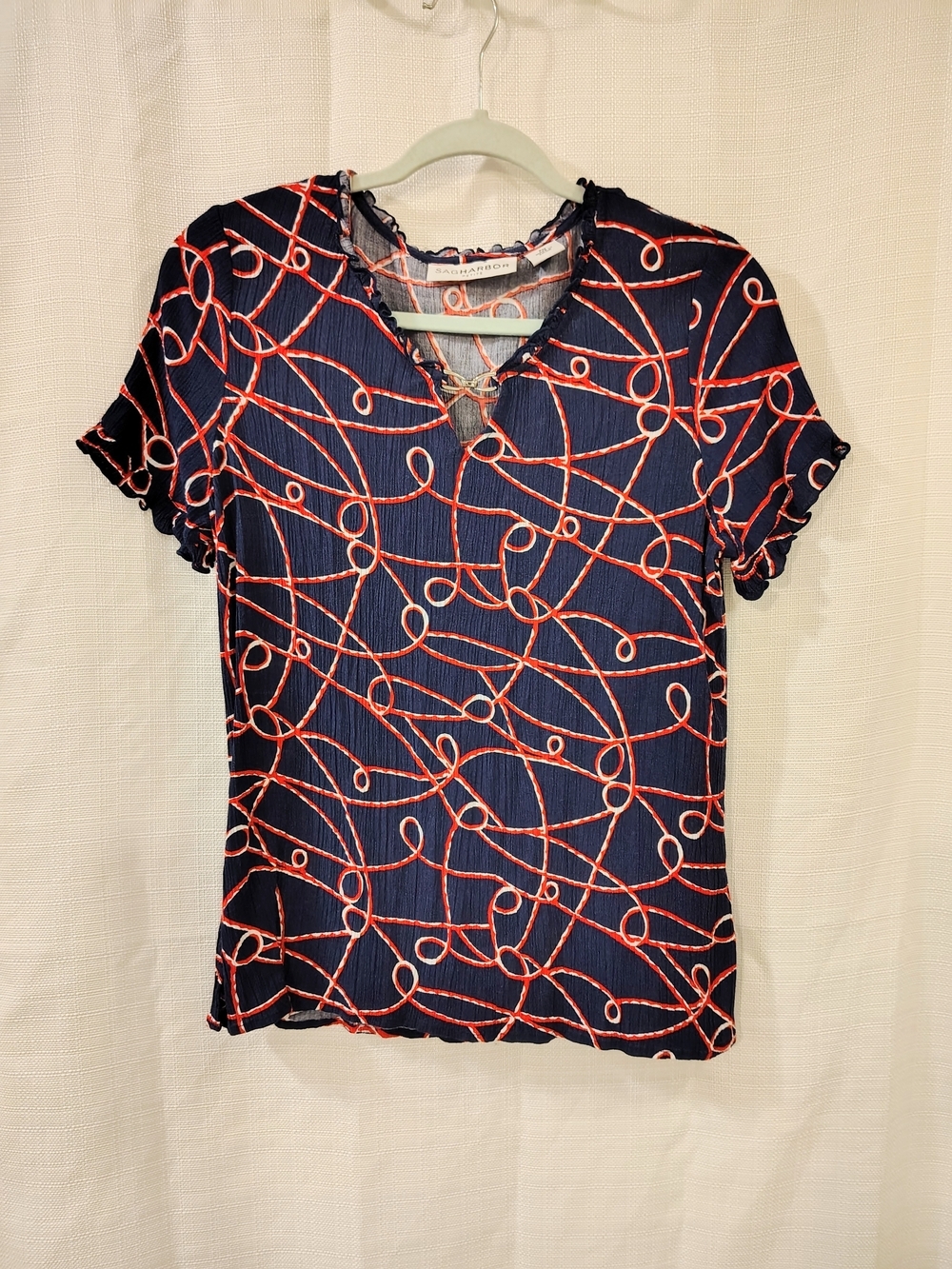 Sag Harbor Red White and Blue Top Size PM V-neck 4th Of July Nautical Patriotic